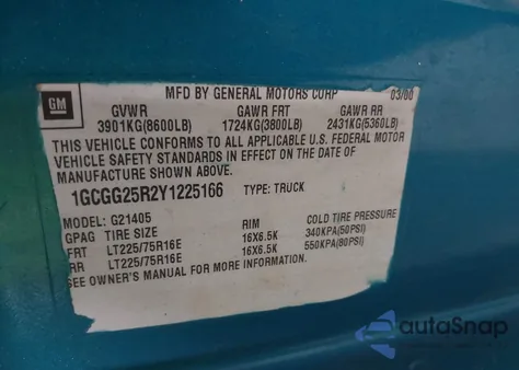 2000 Chevrolet Express z USA, uszkodzony, nr VIN 1GCGG25R2Y1225166